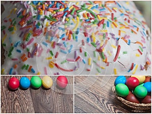 Easter cakes and colored eggs on basket