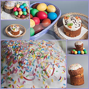Easter cakes and colored eggs on basket
