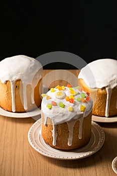 Easter cakes decorated with fruit, copy space