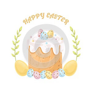 Easter cakes and spring flowers bouquet greeting card. Happy Easter card. Vector stock illustration. Cartoon style