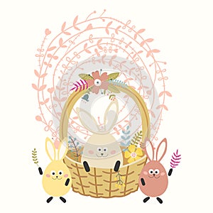 Easter card. Basket with colored eggs-bunnies.. Beautiful flower wreath.