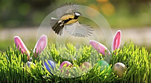 Easter card with bird flying in spring sunrise Sunny day over colorful eggs and rabbit ears in the grass