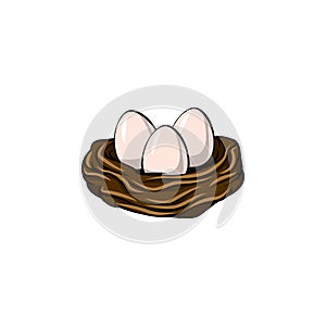 Easter card. Birds nest. Three eggs. Easter design element. Spring icon. Vector.