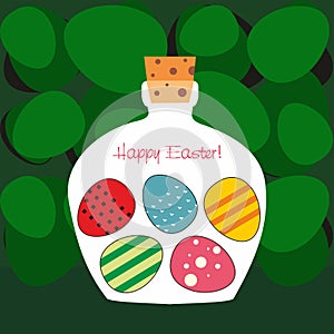 Easter card - Bottle filled with Easter eggs - vector