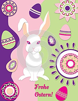 Easter card with a bunny and Easter eggs, with German text, translated as `Happy Easter`