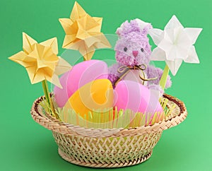 Easter Card - Bunny , Eggs in Basket - Stock Photo