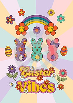 Easter card with bunny, rainbows, flowers, eggs