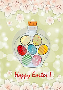 Easter card with Bottle filled with Easter eggs