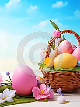Easter card with colored eggs and flowers
