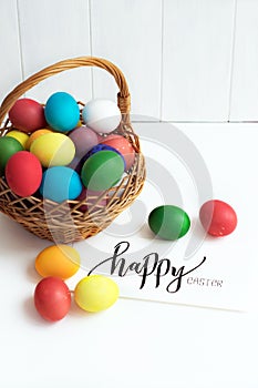 Easter card with colorful Easter eggs in a basket and calligraphic inscription `Happy Easter`