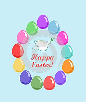Easter card with colorful painted glass eggs frame and white dove with olive branch. Vector illustration with flat design