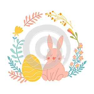 Easter card with cute bunny, egg and flowers wreath.