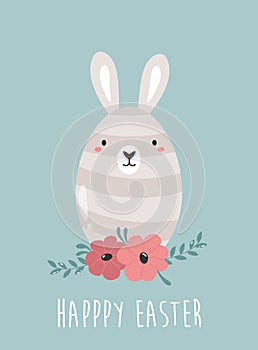 Easter card with cute egg rabbit and floral wreath