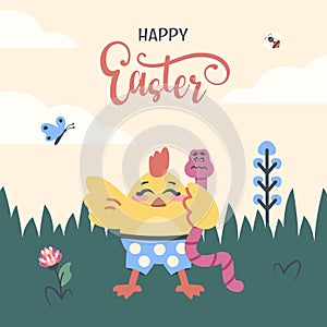 Easter card. Cute funny chick with wishes. Cartoon Little bird holding pink earthworm. Spring Poster with fresh grass, flower, bee