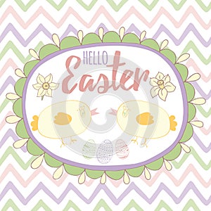 Easter card with cute hand drawn small chicken and text into oval frame with easter eggs and narcissus.