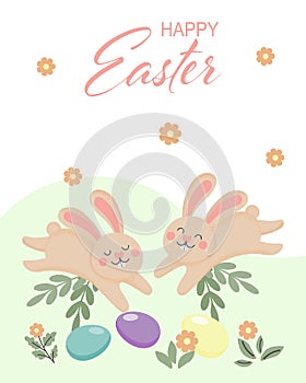 Easter card, cute jumping bunnies, painted eggs, leaves, flowers in the meadow. Pastel colors. Festive decor