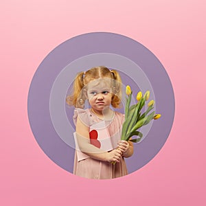 Easter card. Cute little child girl with bunny ears holding basket of Easter eggs. Child in a round hole circle in colored purple