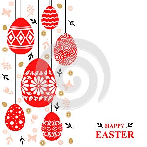 Easter card with decorative eggs hanging on strings