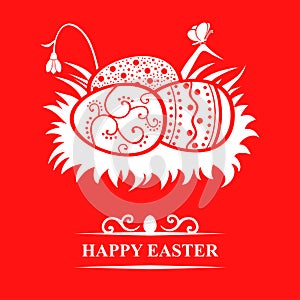 Easter card with eggs in nestle on red background photo