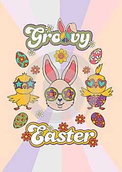 Easter card with groovy rabbit face and chicks