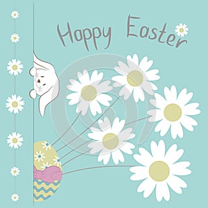 Easter Card with `Happy Easter` phrase, cute easter Bunny, colorful egg and Camomile flowers on blue background.