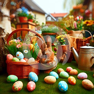 Easter Card - Little Bunny In Basket With Decorated Eggs