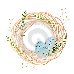Easter card. Quail nest. Spring background. Frame, wreath with a feather.
