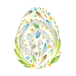 Easter card in the shape of an egg with Easter eggs, pussy willow, feathers and flowers