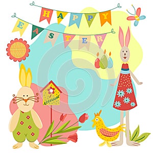 Easter card with spring flowers, candle eggs, bunny, chick, birdhouse. Checkboxes with the inscription happy easter.