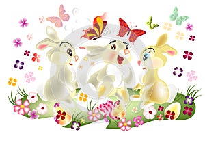 Easter card with three pretty cartoon hare sit