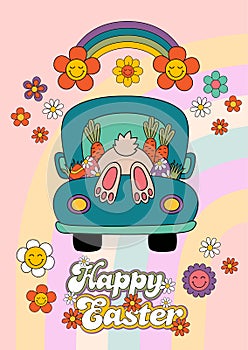 Easter card with truck, groovy rabbit, rainbow