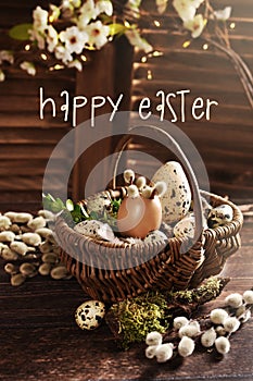 Easter card with wicker basket filled with eggs in rustic style with greeting text
