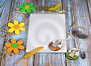 Easter card with yellow and green Easter eggs, decorative flowers, feathers on a wooden background. Generated image