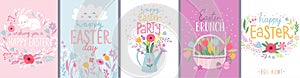 Easter cards, floral lettering set with flowers, bunnies, tulips, eggs and other elements
