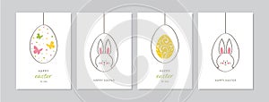 Easter cards set with hand drawn hangings eggs with bunnies and butterflies.