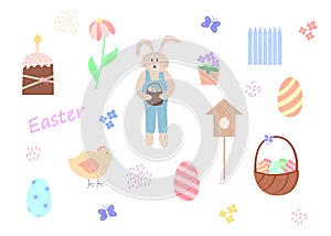 Easter cartoon characters and decor elements. Set of Easter vector illustrations on a white background. Bunny chick Easter eggs