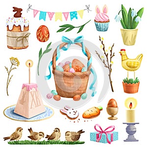 Easter cartoon set with painted eggs, cupcakes, and candles.Colored stickers for projects and prints