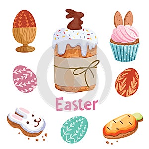 Easter cartoon set with painted eggs, cupcakes, and rabbits.Colored stickers for projects and prints