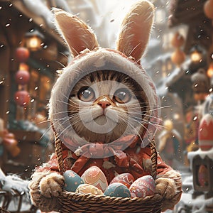 Easter cat in rabbit disguise, carrying a full egg basket.