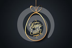 Easter celebrate banner with golden easter egg and handwritten holiday wishes of a Happy Easter on black background.