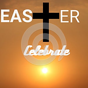Easter celebrate with middle Christian cross with sun set background.
