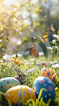 Easter Celebration with Butterflies and Decorated Eggs in Spring Meadow. Happy Easter background