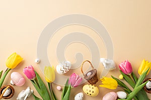 Top view photo of colorful easter eggs small baskets ceramic bunnies yellow and pink tulips on pastel beige background