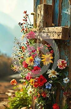 Easter Celebration Cross Adorned with Fresh Spring Flowers Against a Tranquil Garden Background