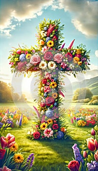 Easter Celebration Cross Adorned with Fresh Spring Flowers Against a Tranquil Garden Background