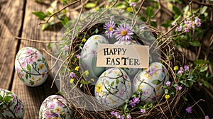 Easter Celebration: Decorated Eggs in a Nest With Spring Flowers and Greeting