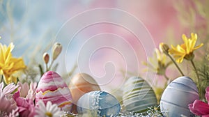 Easter Celebration with Decorative Eggs and Golden Blooms on Pastel Background