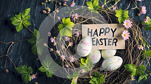 Easter Celebration with Decorative Eggs in a nest and Spring Flowers