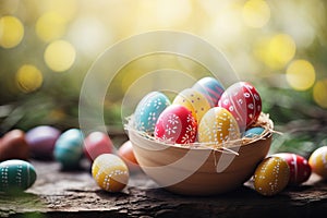 Easter celebration. pastel colored eggs and delicate spring flowers with place for text