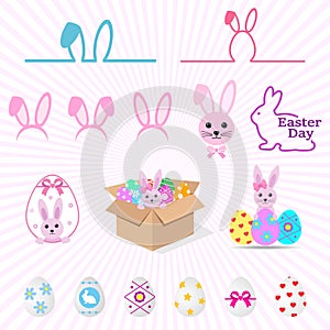 Easter celebration set illustration. Cute pink bunnies with Easter eggs